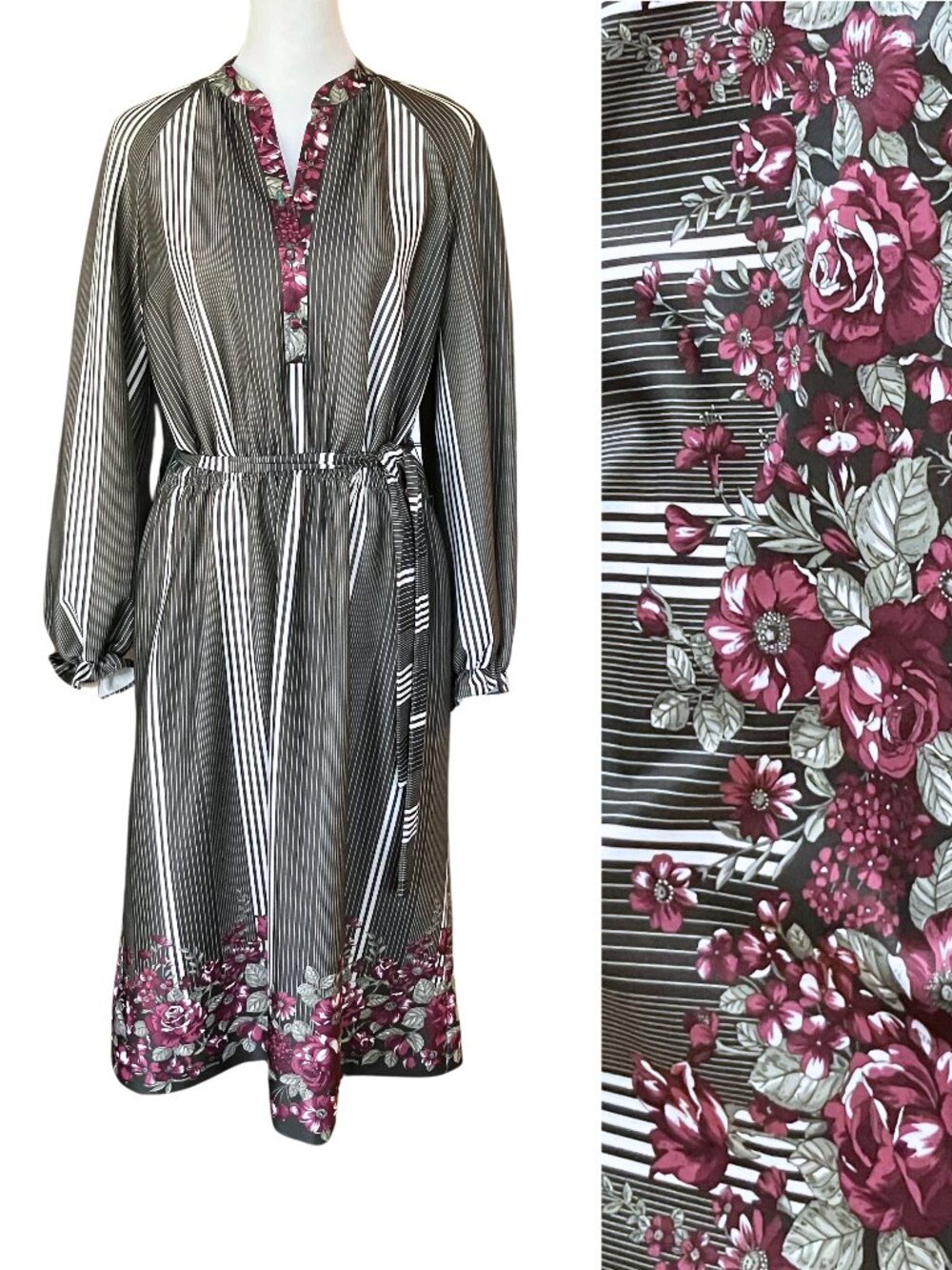 Vintage 70s Boho Green Stripe Belted Long Sleeve Midi Dress. Large. Retro Floral